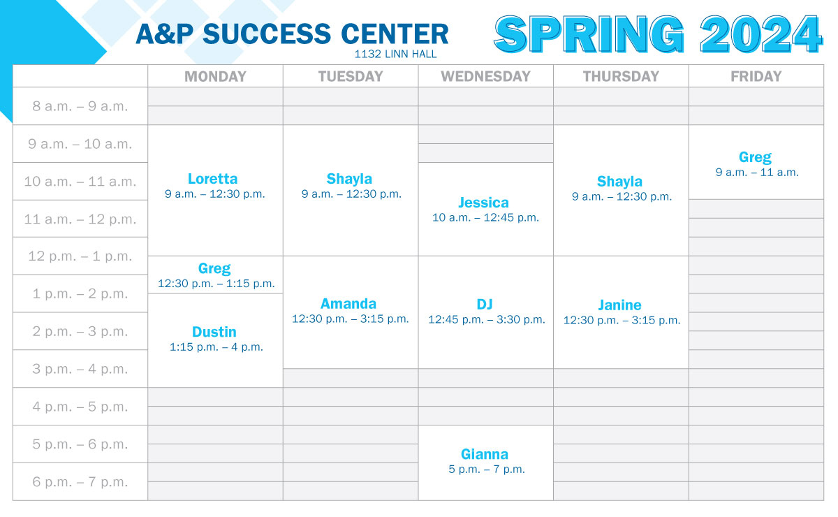 A and P Success Center Spring 2024 Schedule