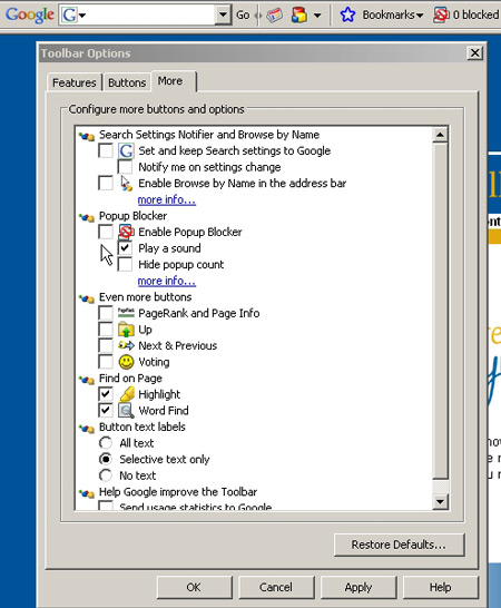 Google toolbar options