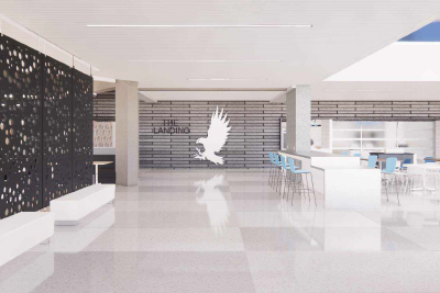 Architect rendering of The Landing space in the new student center.